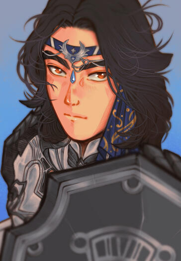 A long haired paladin, with brown eyes and a grey armor in a blue background.