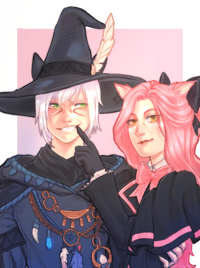 A couple of a white haired catboy and a pink haired catgirl.