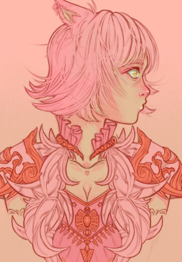 Pink catgirl with short hair in a peach colored background.
