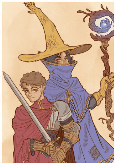 A knight with a red armor and a black mage with a blue coat and yellow straw hat looking at each other.