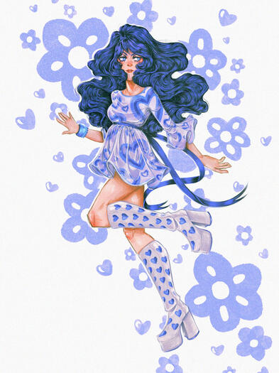 60s girl wearing go go boots in a trippy flower background.