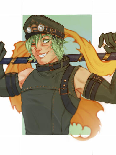 Green haired catboy smiling with his spear on his shoulders.